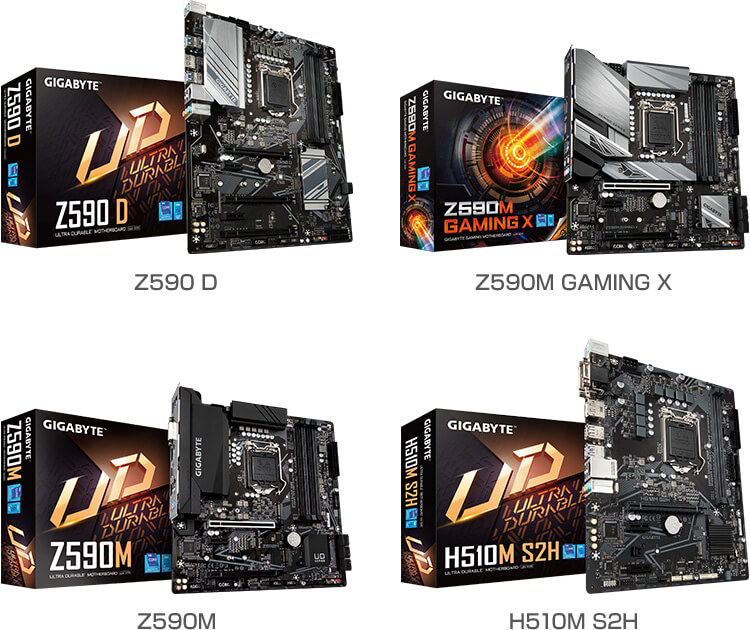Z590 D、Z590M GAMING X、Z590M、H510M S2H 製品画像